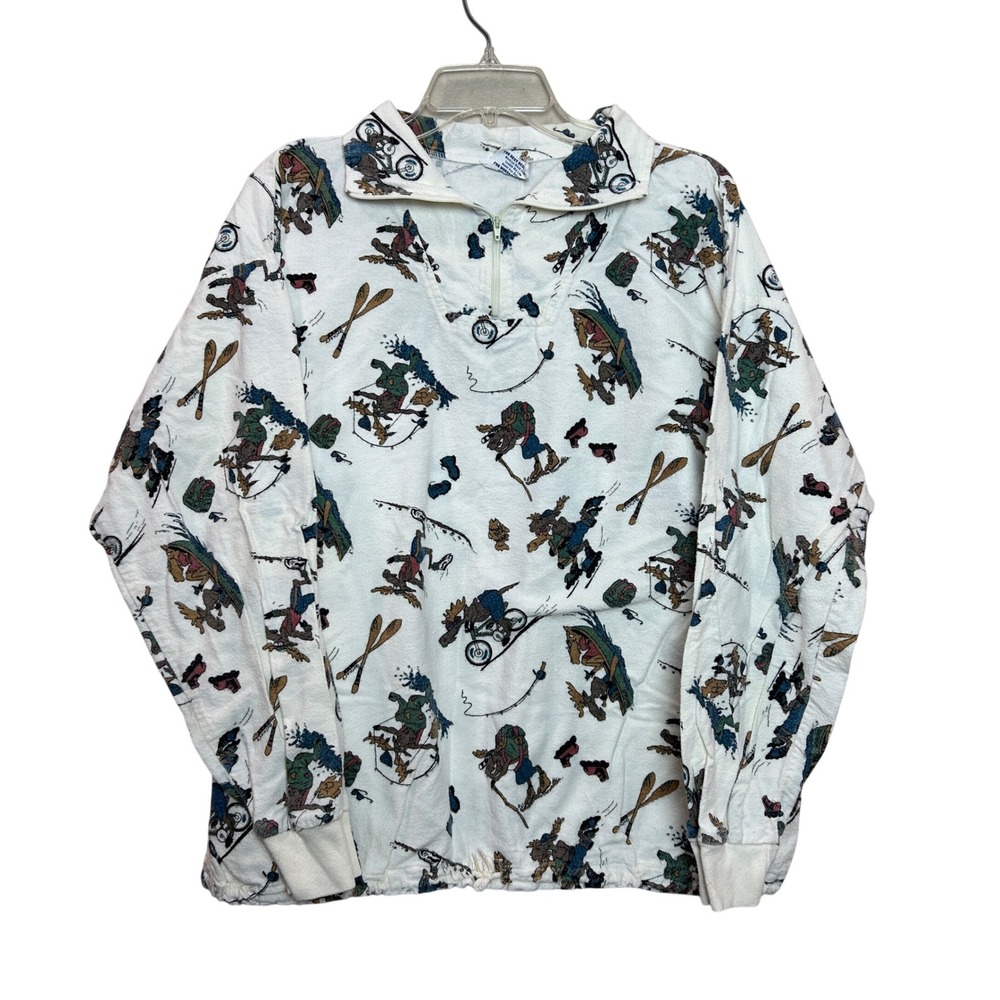 Gotteys Unlimited Moose Print Pullover Women XL White Vintage Quarter Zip Top